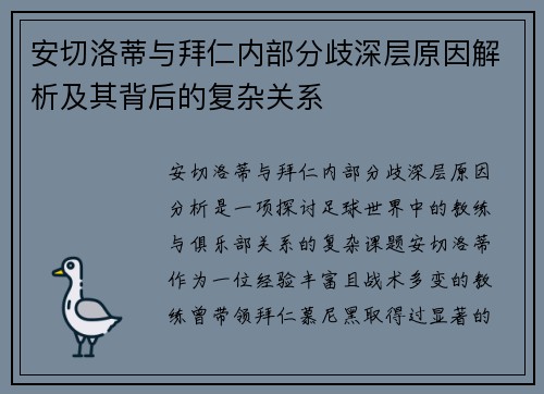 安切洛蒂与拜仁内部分歧深层原因解析及其背后的复杂关系